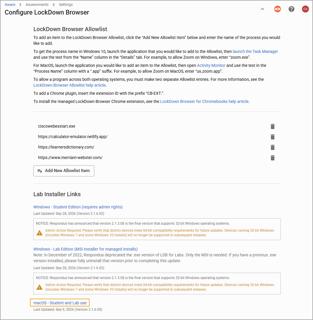 Instructions for configuring LockDown Browser Allowlist and a student and lab installer link for macOS.